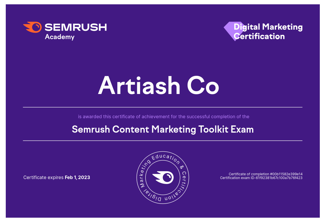 مدرک بازاریابی محتوا شرکت آرتیاش از Semrush Academy